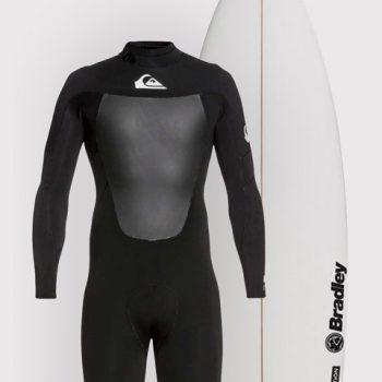 High-performance board and wetsuit available for rental at Tiago Pires Surf School.