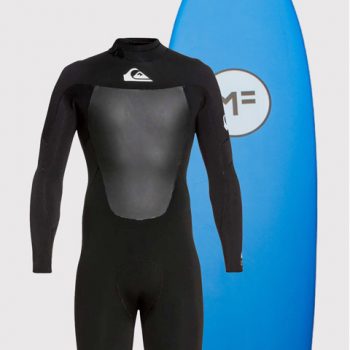 Soft board and wetsuit available for rental at Tiago Pires Surf School.