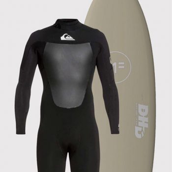 Grey fun board and wetsuit available for rental at Tiago Pires Surf School.